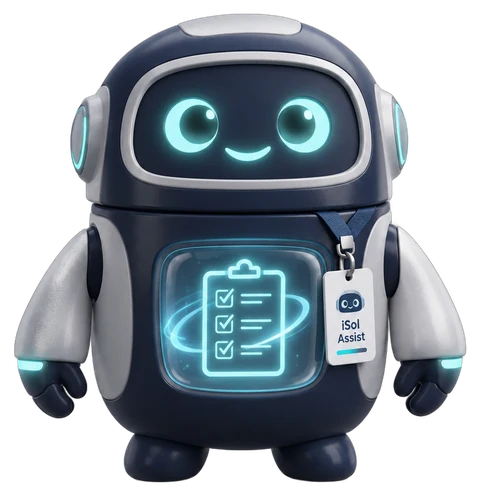 Robô iSol Assist com crachá de tarefa