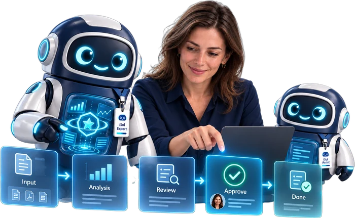 Uma pessoa revisa no notebook enquanto um Expert e um Assist da iSol conduzem o trabalho pelas etapas entrada, análise, revisão, aprovação e concluído
