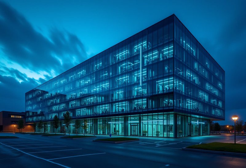Fachada corporativa ao anoitecer, gerada pelo iSol Media
